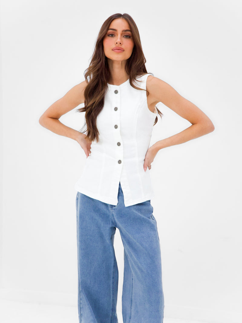 Blakely Denim Button Up Top - Weiß