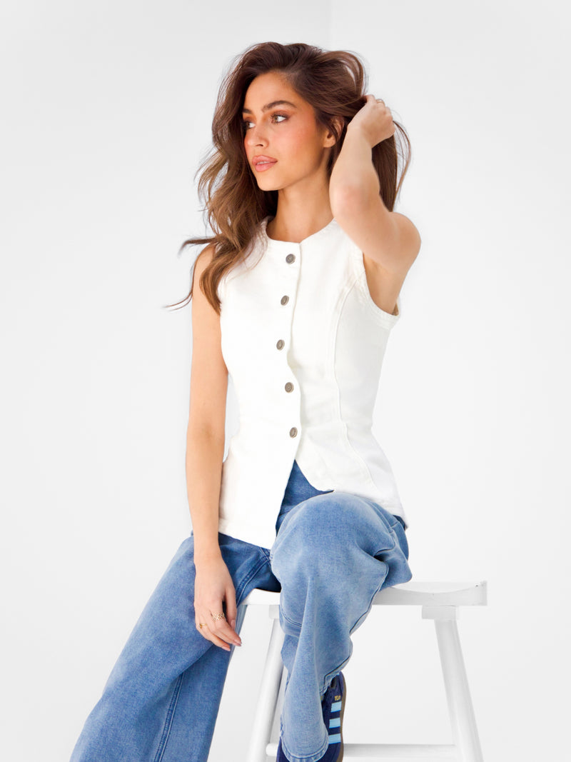 Blakely Denim Button Up Top - Weiß