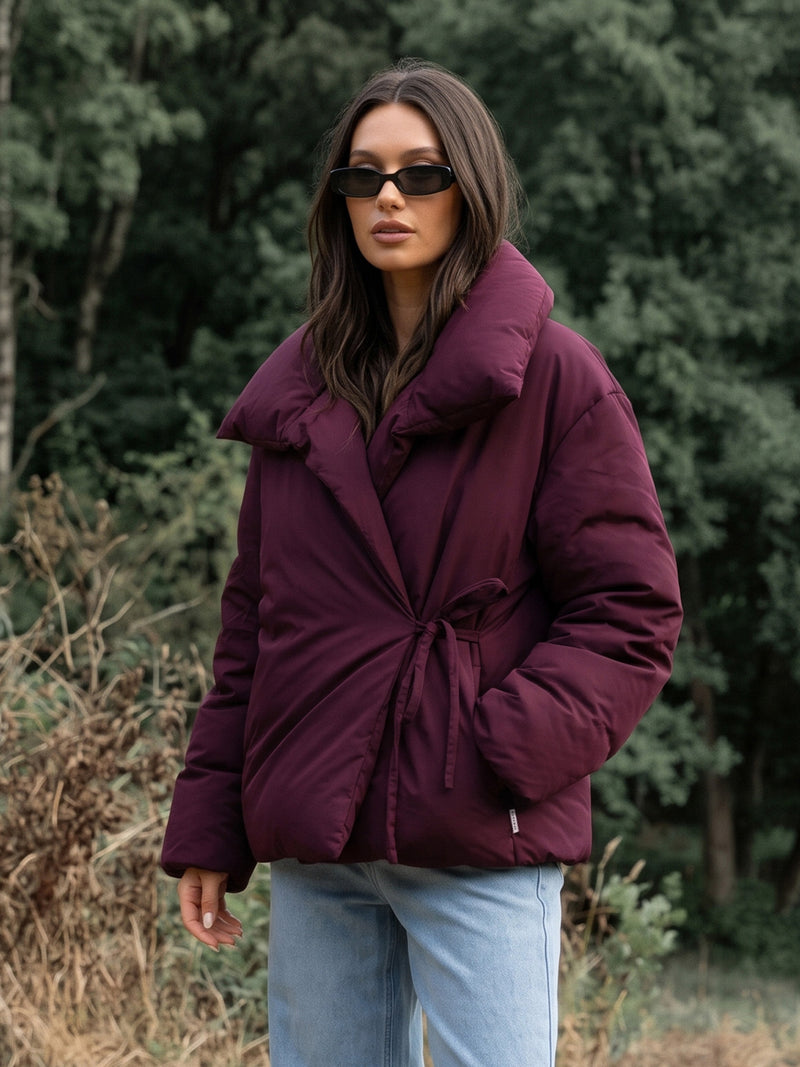Matilda Waist Tie Coat - Cerise noire