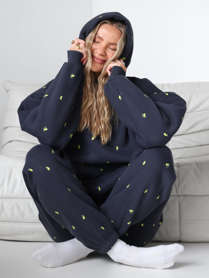 Rhea Lemon Print Oversized Hoodie - True Navy