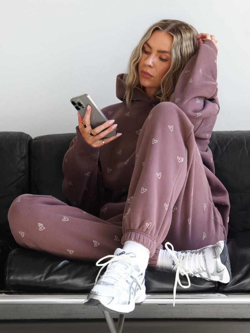 Rhea Heart Print Oversized Hoodie - Washed Plum