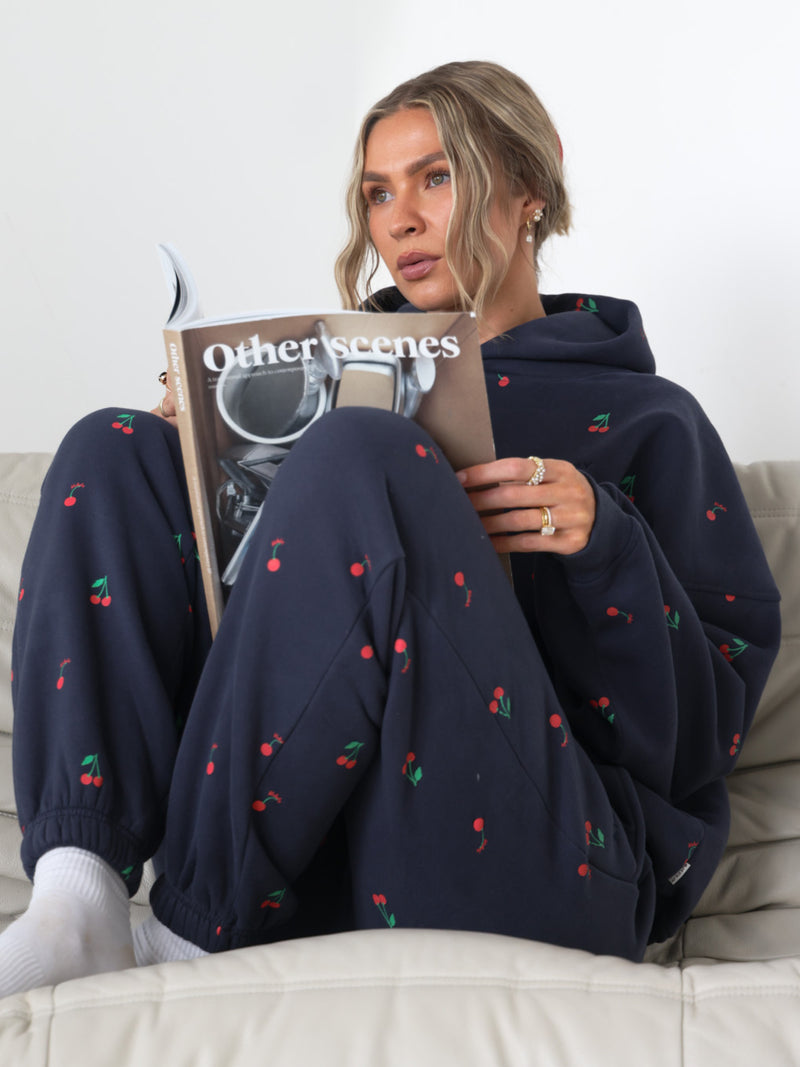 Rhea Cherry Print Oversized Hoodie - Echte Marine