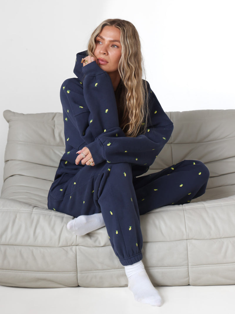 Rhea Lemon Print Cuffed Sweatpants - True Navy