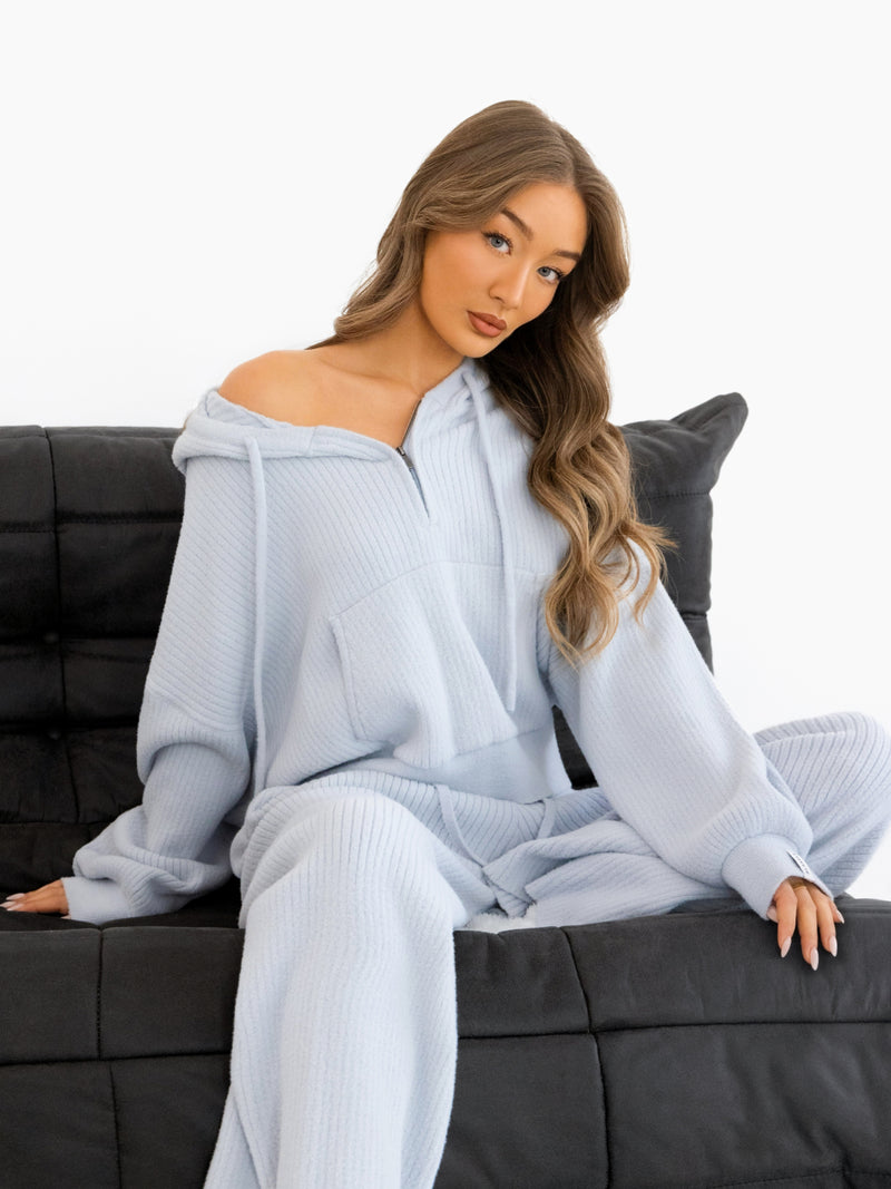Zoey Ribbed 1/4 Zip Hoodie - Babyblau