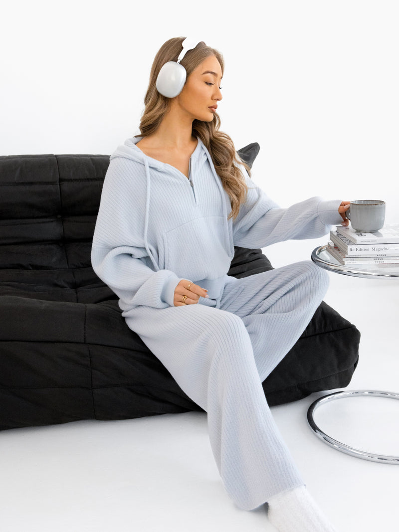 Zoey Ribbed Wide Leg Trousers - Babyblau