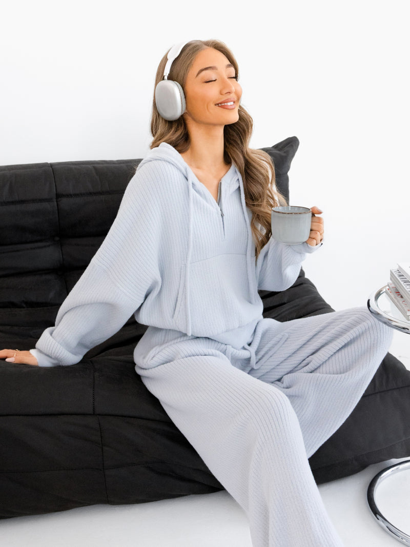 Zoey Ribbed 1/4 Zip Hoodie - Babyblau