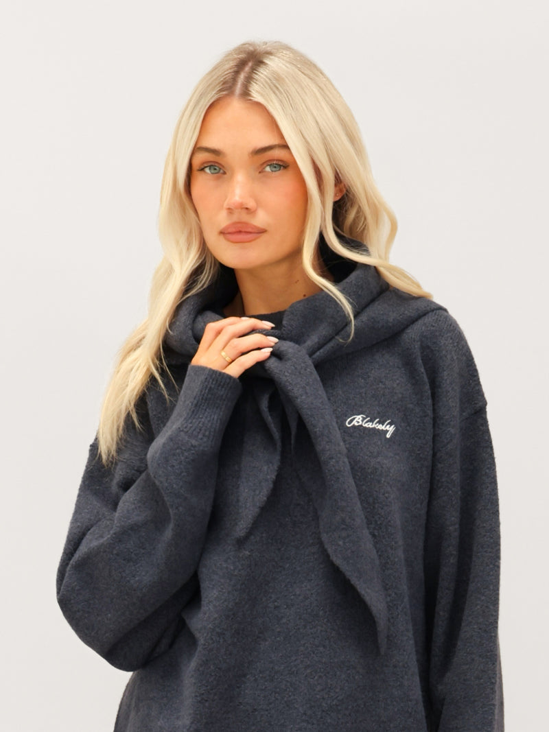 Label Knitted Triangle Scarf - True Navy