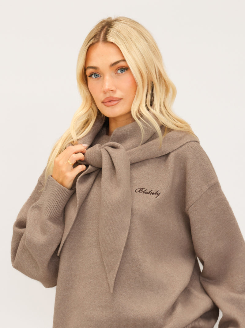 Label Knitted Triangle Scarf - Soft Brown