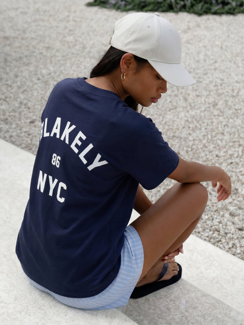 NYC Oversized T-Shirt & Elodie Stripe Shorts Set - True Navy & Blue