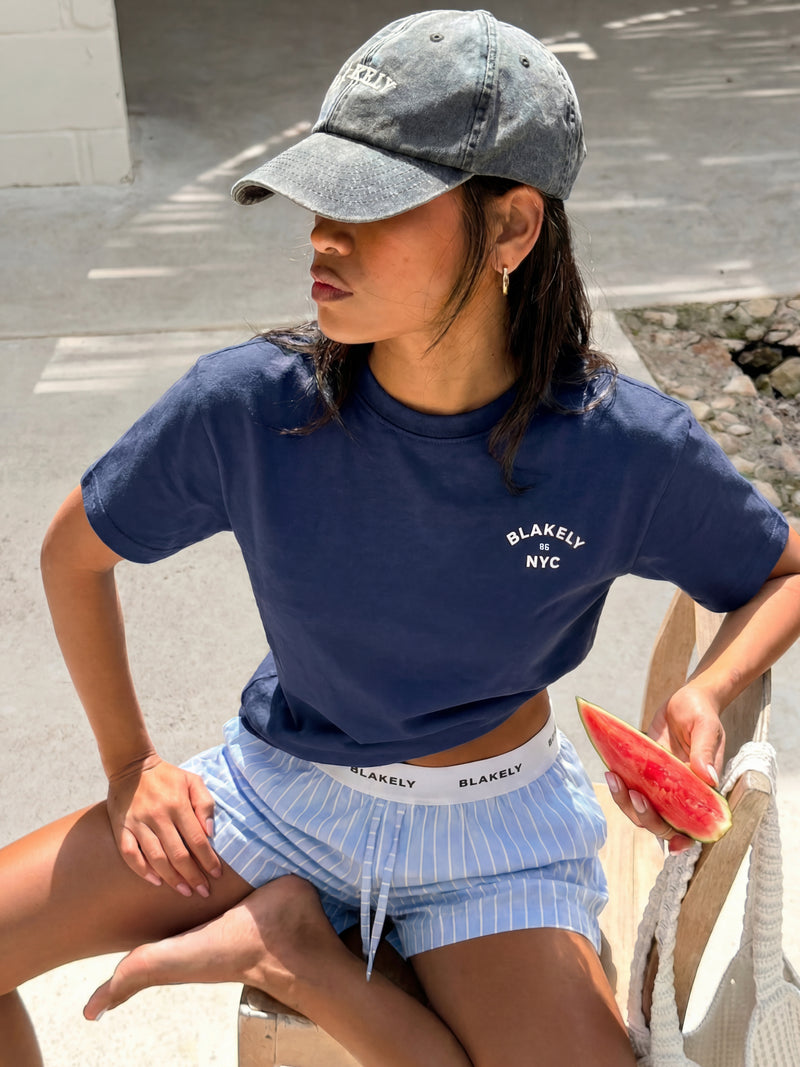 NYC Oversized T-Shirt & Elodie Stripe Shorts Set - True Navy & Blue