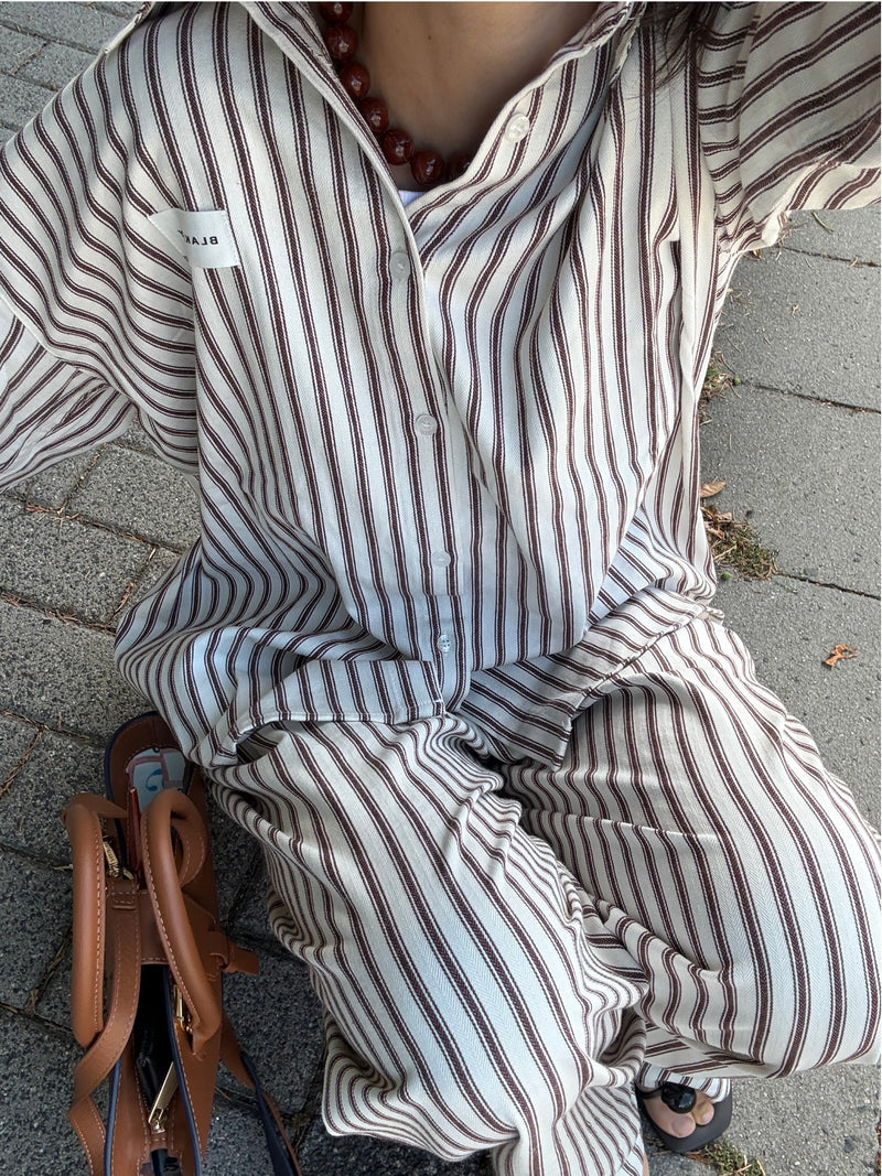 Lou Oversized Stripe Shirt - Kastanje Bruin
