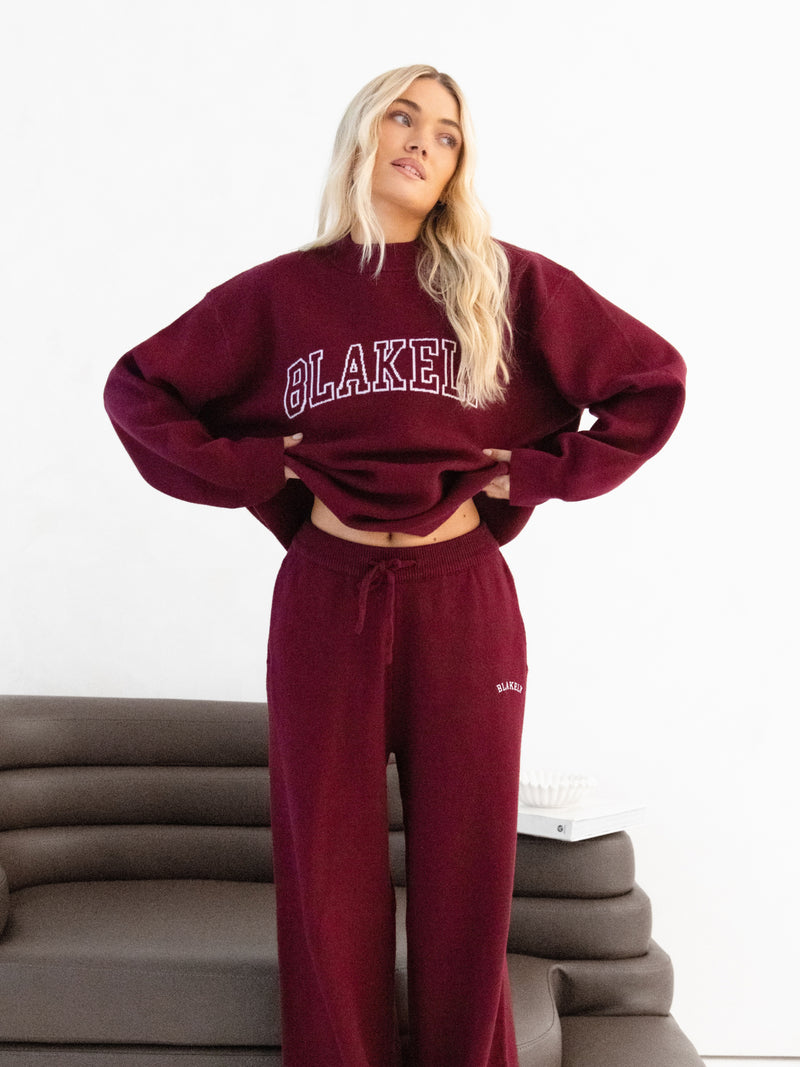 Varsity Knitted Wide Leg Sweatpants - Burgund