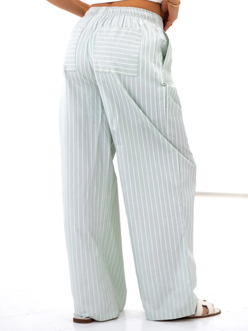 NYC Oversized T-Shirt & Elodie Stripe Trousers Set - Sage Green & Mint Green