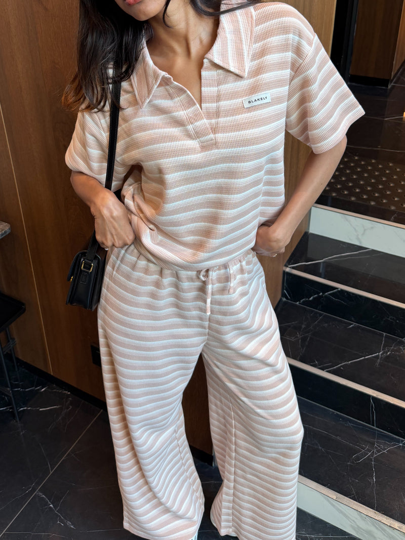 Soft Stripe Waffle Trousers - Bruine streep