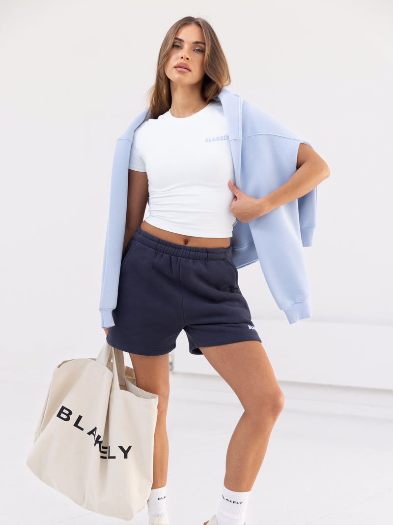 Cloud Crop Top & Jogger Shorts Set - Soft Blue & True Navy