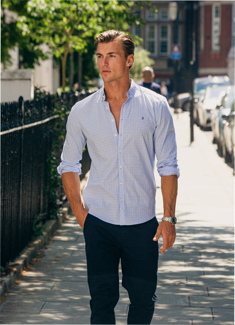 Conrad Long Sleeve Checked Shirt - Bleu clair